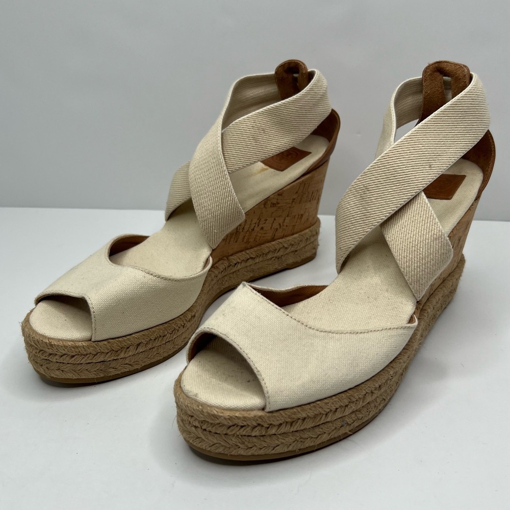 Tory Burch Wedge Sandals in Ivory Canvas Size 9